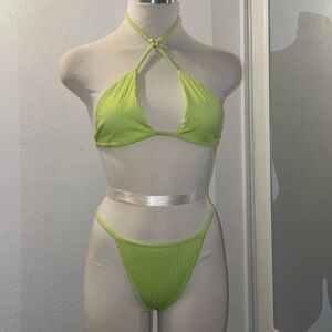 Frankie’s Bikinis Pamela Plisse Halter Bikini Top and Thong Bottom Medium